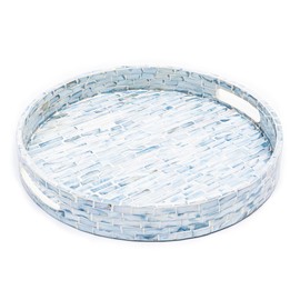 CLAYNIX Serving Tray 12.5 Inch, Wooden Lacquer Tray with Mother of Pearl Inlay, Elegant Tea & Breakfast Tray with Handles (Round)