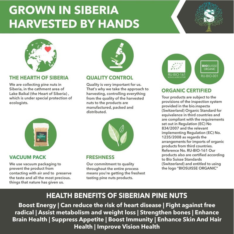 Organic Pine Nuts, Premium Quality 300gr/10.58oz vacuum pack by Siberian