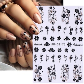 Leaf Nail Stickers Autumn 3D Black Leaves Nail Adhesive Stickers Set, Fall Nail Supplies Black Leaf Flowers Love Foils Design Fall Nail Accessories Decals Thanksgiving Day for Women Nail Decorations