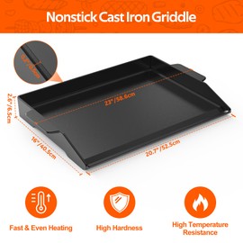 Onlyfire Universal Cast Iron Cooking Griddle, Pre-Seasoned Nonstick Coating Griddle Flat Top Grill Plate with Extra High Sidewalls for All Gas Grills and 4 Burner Range Oven, 23" x 16"