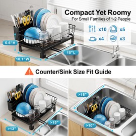 GSlife Dish Drying Rack for Kitchen Counter or in Sink - Small Dish Rack for RV and Small Apartment Counter Top Space, Compact Dish Drainer with Utensil Holder and Drain Spout, Black
