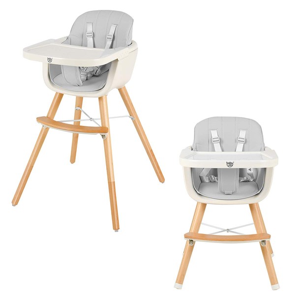 BABY JOY Convertible Baby High Chair, 3 in 1 Wooden Highchair/Booster/Chair with Removable Tray, Adjustable Legs, 5-Point Harness, PU Cushion and Footrest for Baby, Infants, Toddlers (Gray)
