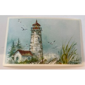 Art Postcard Lighthouse seagulls sea grass Red Farm Studios vintage postcard