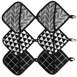 Topflappen, 6 Stück Hitzebeständige Topflappen Set, 18 x 18 cm, Graue Rauten, Schwarze Karos und Schwarz-Weiße Dreiecke, Praktische Küchenhelfer für Kochen und Backen