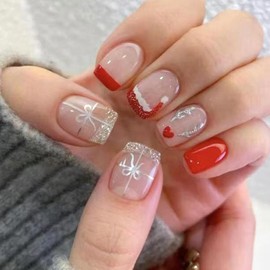 Christmas Silver Glitter Elk False Nails Red Santa Hat French Tip Press on Nails Short Square Xmas Glue on Nails Glossy Winter Christmas Acrylic Fake Nails for Women Girls