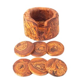 Kamsah Olive Wood Coasters Set of 6 & Holder - Handmade, Natural, Durable Wooden Coasters for Drinks - Round, Rustic, Farmhouse Coasters for Table, Bar, Desk, Coffee Table, Kitchen, & More