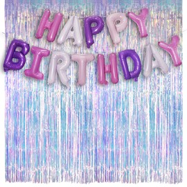 Iridescent Party Streamers Backdrop and Purple Pink Banner for Party Decorations GREATRIL
