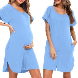 iClosam Women's Cotton Maternity Nursing Nightdress Short Sleeve Maternity Nightdress Breastfeeding with Buttons Maternity Dress with Crew Neck for Nursing Women S-XXL, sky blue
