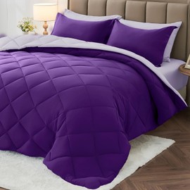 MUXHOMO 7 Pieces California King Comforter Set, Reversible Bed in a Bag Cal King Size, All Season Bedding Set with Comforter, Flat Sheet, Fitted Sheet, Pillowcases & Shams, Purple & Lavender