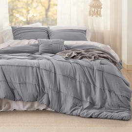 Bedsure Queen Comforter Set - 4 Pieces Pinch Pleat Bed Set, Grey Boho Bedding for All Season, 1 Soft Comforter, 2 Pillowcases, 1 Decorative Pillow