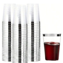 50 pcs Plastic Tumbler Cups,10 OZ Clear Tumblers with Silver Rim,Reusable Elegant Party Cups for Holiday Gathering & Parties