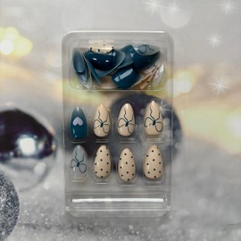 Valentine's Day Press on Nails Almond Fake Nails Milky White False Nails with Blue Bow Heart Designs Nude Glue on Nails Winter Stick on Nails Cute Acrylic Nails Full Cover Matte Artificial Nails