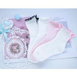 BonjourMrsMr Womens Bow Socks Ruffle Casual Crew Black Whitte Soft Breathable Cotton 4 Pairs Socks