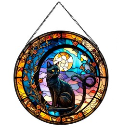 Payutou Black Cat Stained Glass Panels,Stained Glass for Windows for Cat Lovers,20cm/7.87inch Painted Glass Panels Garden Hangings Halloween Fall Christmas Decor for Home