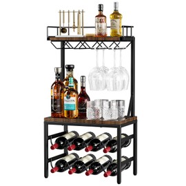 Nuovoware 3-Tier Liquor Cabinet with Wine Rack, Freestanding Liquor Stand with 8-Bottle for Mini Bar, Versatile Wine Rack Freestanding Floor with Tabletop and 8 Glass Holders, Black+Retro Brown