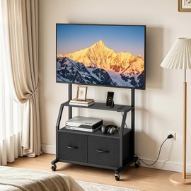 MAHANCRIS Rolling TV Stand with Mount and Wheels for 32"-55" TV, Corner Entertainment Center with Power Outlet and 2 Fabric Drawers, Small TV Stand for Bedroom, Living Room, Black TVBK139E01