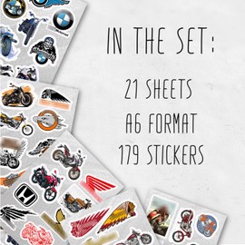 BulbaCraft 179 Pcs Motorcycle Stickers - Strong Adhesive & Waterproof Stickers for Adults, Small Stickers, Gifts for Men Vinyl Stickers