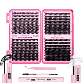 Selawasty DIY Lash Extension Kit 640pcs Individual Lashes Clusters D Curl Eyelash Extensions Kit with Lash Bond and Seal Tweezers Brush Lash Books DIY at Home (9-16mm,30D+40D+50D+60D,KIT)