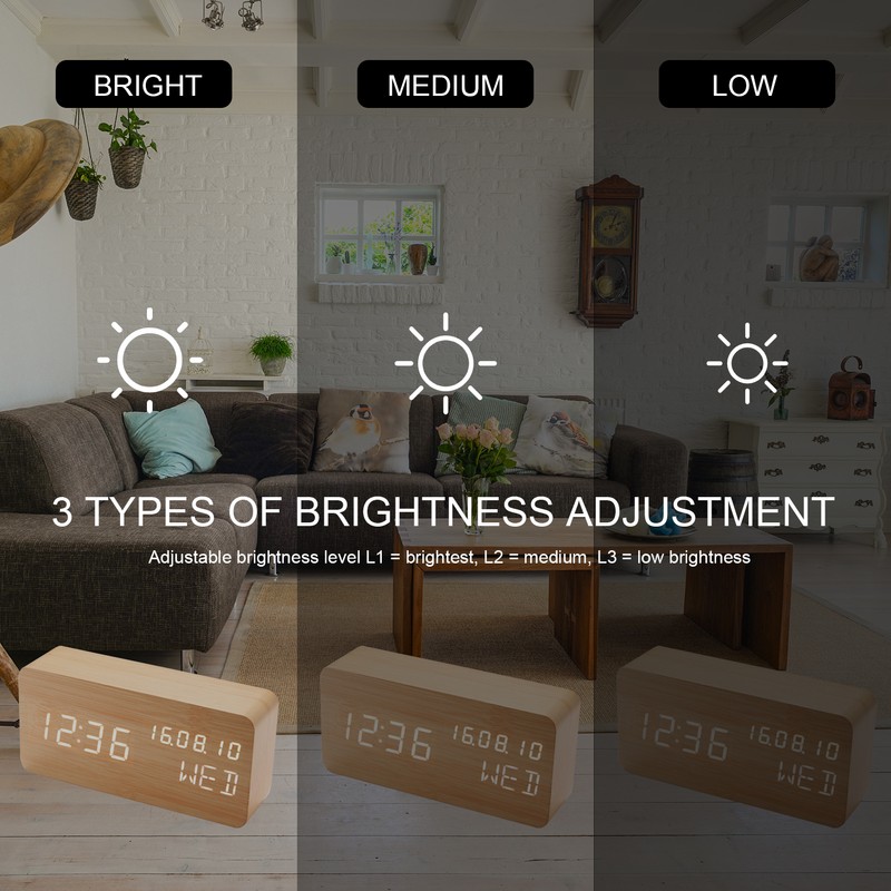 Desk Wooden Alarm Clock with Voice Control Date Temperature Adjustable