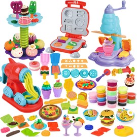 4 in 1 Color Dough Set for Kids 2-4 4-8 Play Kitchen 59Pcs Ice Cream Slime Tools Accessories Kit Playset Noodle Hamburger Maker Food Toy Arts Crafts Birthday Gift 3 4 5 6 7 8 Year Old Boys Girls Toys