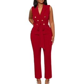 Ophestin Blazer Pants Suits for Women Dressy Sleeveless Vest with Belt Wide Leg Pants 2 Piece Outfits Business Set Casual Suiting Wine Red L
