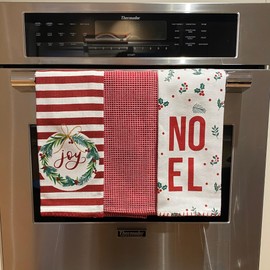 Holiday Christmas Kitchen Bath Dish Hand Towels: Noel and Joy Flat Weave and Waffle Red 3 Pc Design, Red White, 100% Cotton 15" x 25" for Hands, Dishes or Home Decor