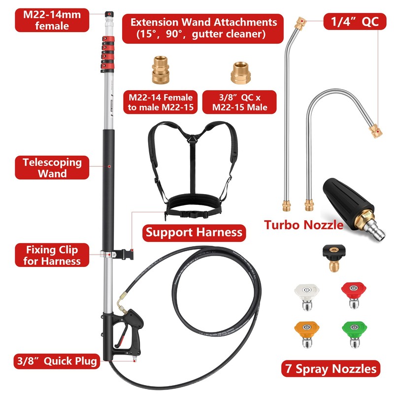 24 FT Telescoping Pressure Washer Wand - Turbo Nozzle Attachment