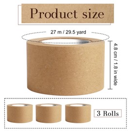 SBYURE 3 Pack Brown Packing Tape,Water Activated Tape Brown Paper Tape for Shipping, Storage, Crafts(48 mm x 88.5 Yard)