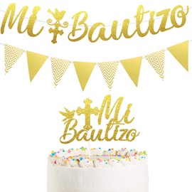 Banderín de Mi Bautizo con Purpurina Dorada Adornos para Tarta de Mi Bautizo Bandera de Bandera de Triángulo Decoraciones para Primera Comunión Baby Shower Bautismo Niños Celebración