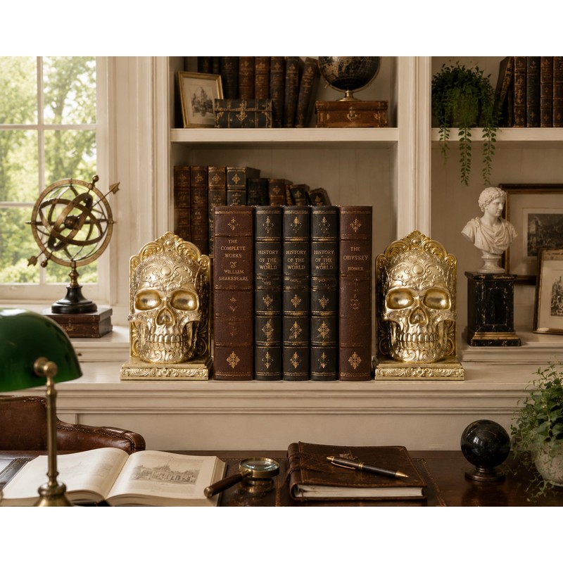 7 Inch Gold Skull Decorative Bookends Pair