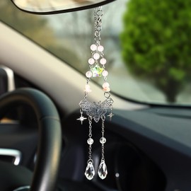Pyotivol Car Rear View Mirror Accessories Car Hanging Ornament Unique Cute Butterfly Boho Rearview Decor Charm Handmade White Jade&Rose Quartz Crystal Beads Swinging Interior Decor for Women Men