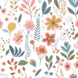ILHIIOR Colorful Floral Peel and Stick Wallpaper Leaf Vintage Contact Paper Cute White Floral Wall Paper Removable Wallpaper Self Adhesive for Cabinet Drawers Wall Decor 17.5''x393''