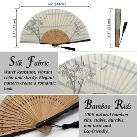 OMyTea Folding Hand Fan for Women - Foldable Chinese Japanese Vintage Bamboo Silk Fan - for Hot Flash, Church, EDM, Music Festival, Party, Dance, Performance, Decoration, Gift (White Bamboo Forest)