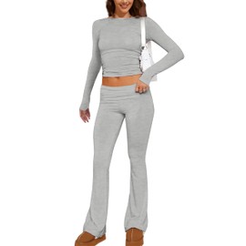 M_Eshop 2 Piece Set Women Outfit Lounge Sets Skims Long Sleeve Top And Flare Leggings Fold Over Yoga Pants Pajamas Set (Light Gray, Large)