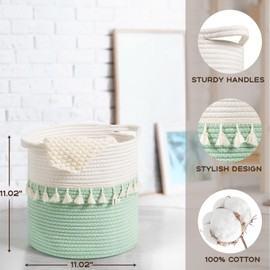 danpinera 11 Inch Woven Baskets for Storage, 3 Storage Baskets for Organizing in Laundry, Bathroom, Kitchen, Cute Rope Boho Baskets for Shelves, Decorative Storage Basket, Green