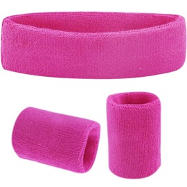 3 Pcs Pink Sweatbands Set - Sports Headband and Wristbands, Comfortable Cotton Blend, Moisture-Wicking, Ideal for Gym, Running, and Athletic Activities