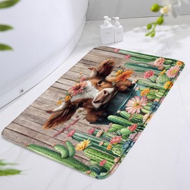Farmhouse Highland Cow Bath Mats Western Spring Rustic Funny Calf Country Bull Animal Wood Tropical Cactus Floral Flower Plant Botanical Bathroom Rugs Bedroom Kitchen Toilet Floor Decor 17.8x29.5 in