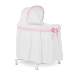 Dream On Me Montreal Portable 2-in-1 Convertible Baby Bassinet in Pink, Adjustable Canopy, Large Storage Area, Rocking Bedside Bassinet with Lockable Wheels.