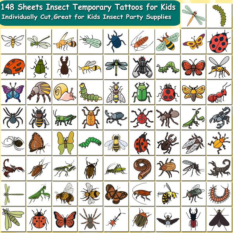 CHARLENT 148 Individually Sheets Bug Temporary Tattoos for Kids -