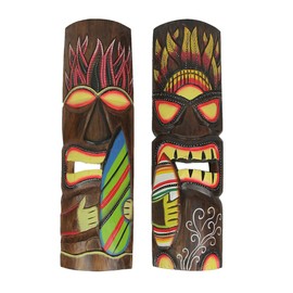 Things2Die4 Elemental Fire and Wind Hand Crafted Wooden Surfer Tiki Wall Masks 20 Inch Set of 2