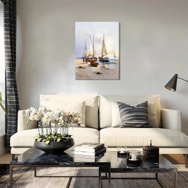 KFYMP Coastal Canvas Wall Art for Living Room, Sailboat Painting for Bedroom or Bathroom, Nautical Home Decor, Ocean Scene Print, Gift for Friends and Family (Seaside Boats – 16"x24")