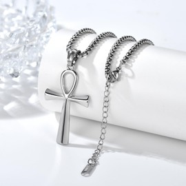 Yaumatea Men's Stainless Steel Coptic Ankh Cross Religious Pendant Necklace, 22+2" Link Chain