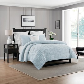 Swift Home Lightweight Oversized, Ultra-Soft, Enzyme Washed, Crinkle Texture, Breathable Cotton Blend Fill, 3-Piece Coverlet/Bedspread/Quilt Set – Light Blue, King/Cal King