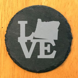 Rustic Slate Coasters Set of 6, Laser Etched 'LOVE' Oregon Design, 4" Round, Natural Chipped Edge, Rubber Feet, Perfect for Holidays, Birthdays, Housewarming, Made in USA