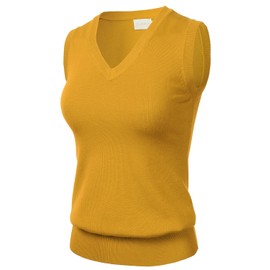 Women Solid Classic V-Neck Sleeveless Pullover Sweater Vest Top Mustard XL