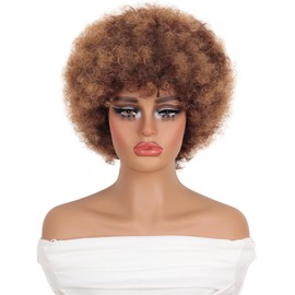 GKtineke Short Afro Wig 8 Inch Afro Wigs for Black Women 70s Kinky Curly Wig Fluffy Bouncy Puff Synthetic Hair for Daily and Party (Mixed Brown)