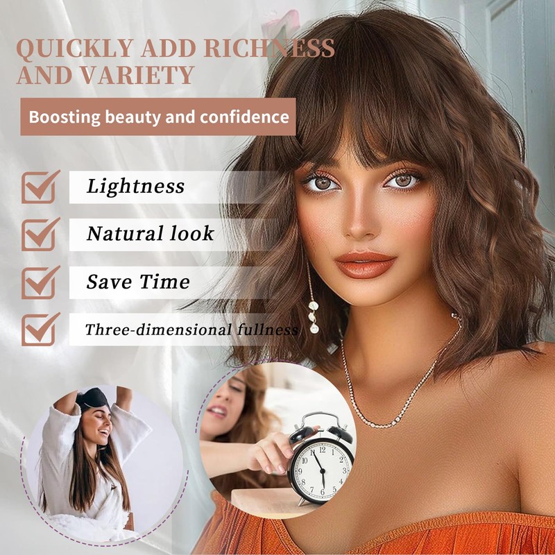 Lativ Brown Highlight Wigs for Women Short Wavy Curly Bob