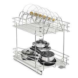 FULGENTE Pull Out Cabinet Pots and Pans Organizer 11" W x 18" D 2 Tier Wire Basket for Lid Cookware Drawer Slide Out Kitchen Cupboard Organization Shelves Shelf for Pantry Roll Out Storage, Chrome