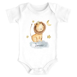SpecialMe® Baby Bodysuit with Name Print Animal Motifs Rhino Lion Elephant Watercolour Short Sleeve Organic Cotton, Safari Lion White