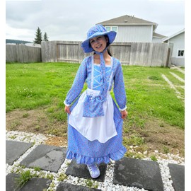 Meland Pioneer Dress for Girls - Colonial Floral Costume with Bonnet, Apron & Purse, Pionner Outfit for Girls 8-9 Years